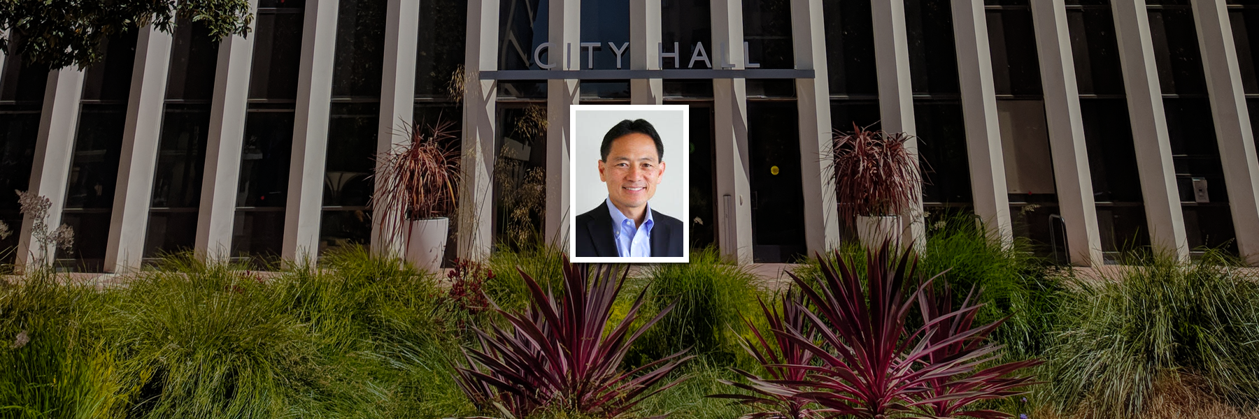 Facade Of Palo Alto City Hall With Photo Of Ed Shikata Overlayed.