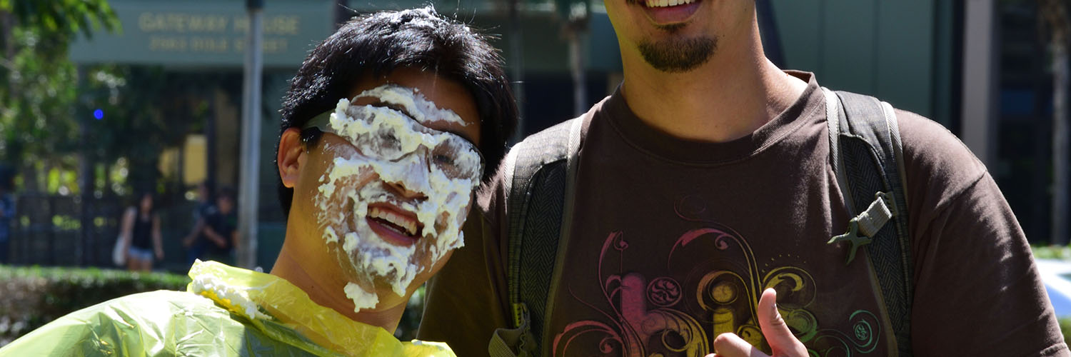 Prof. Ohta Covered In Pie Cream, Posing With A Student